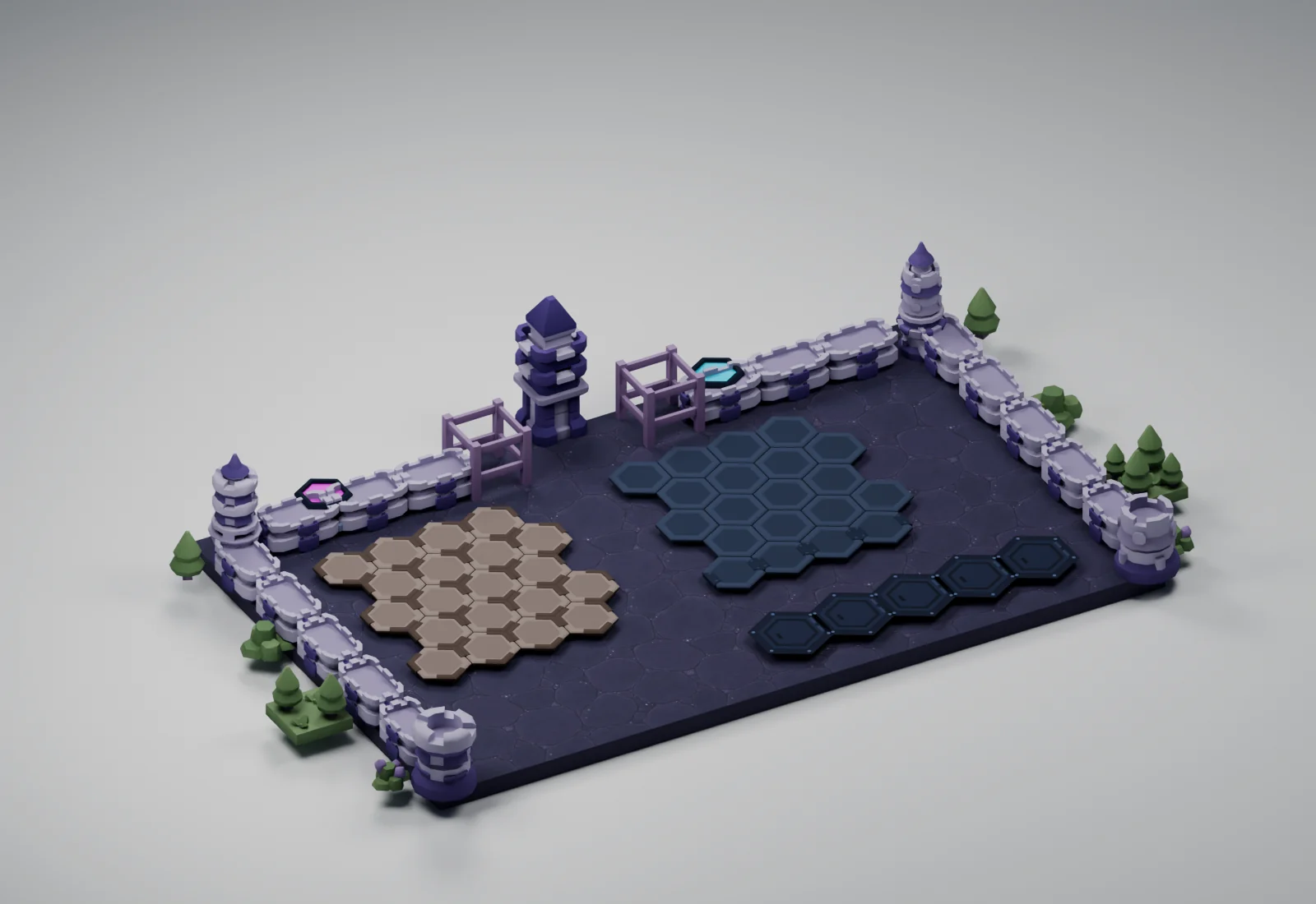Astral Sanctum applied to the Critterfront battlefield models in a studio render