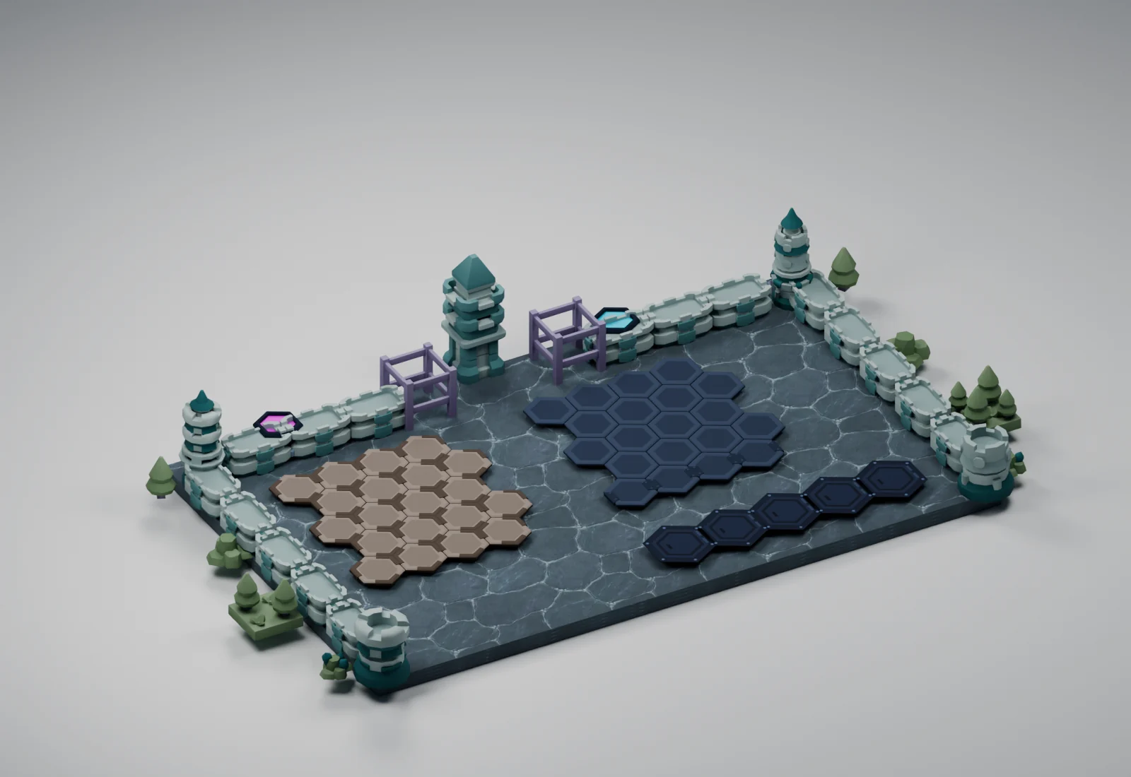 Aurora Watch applied to the Critterfront battlefield models in a studio render