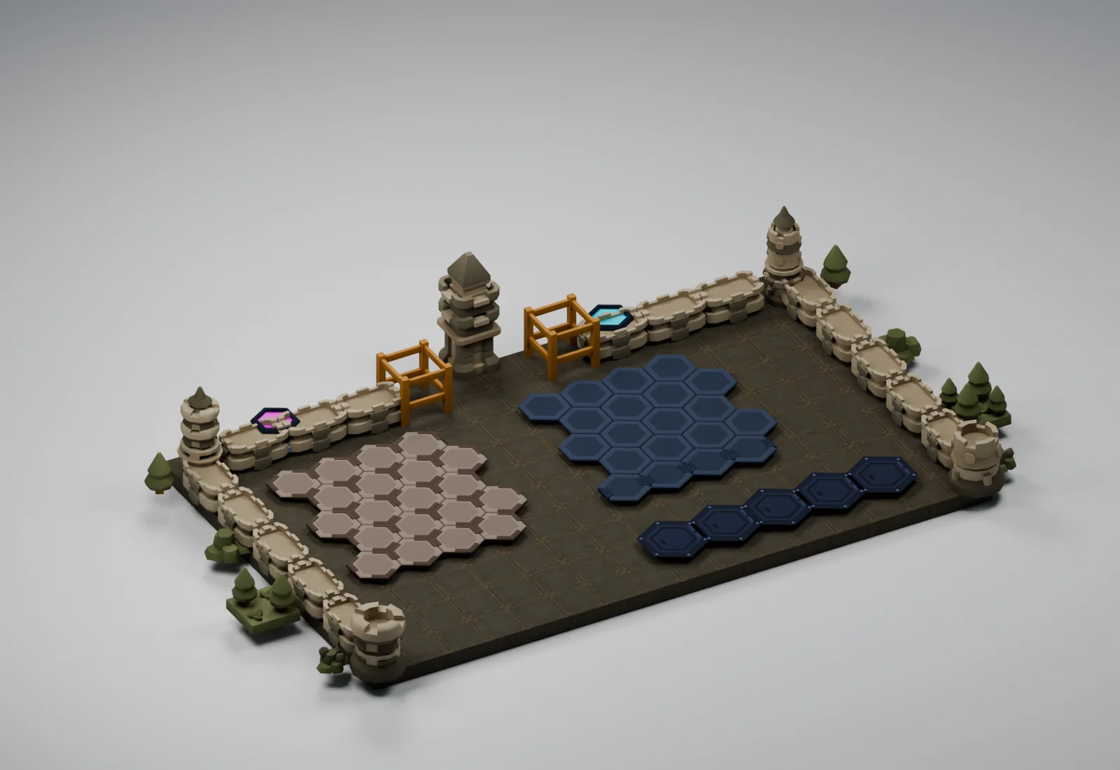 Clockwork Citadel applied to the Critterfront battlefield models in a studio render