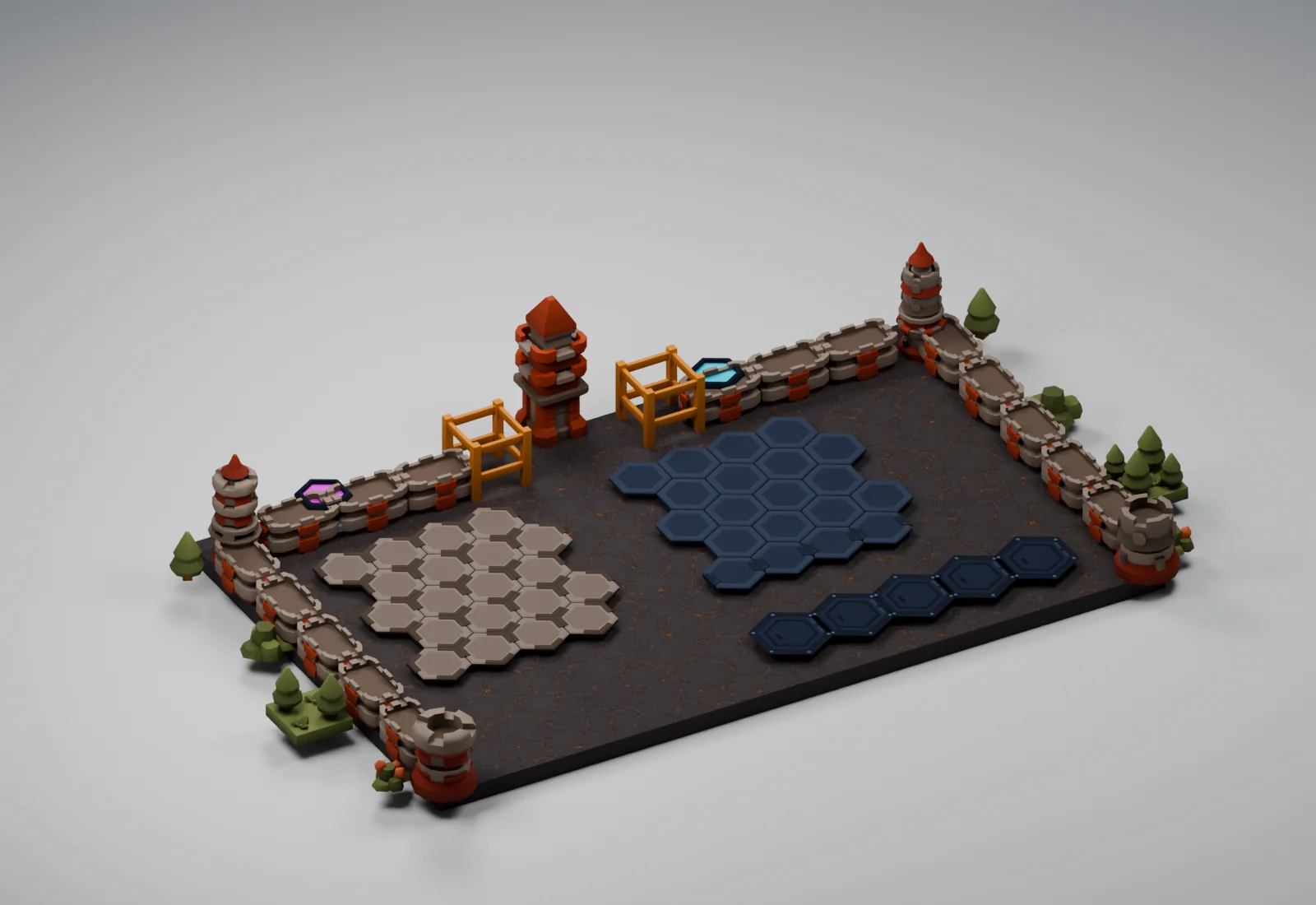 Emberforge Bastion applied to the Critterfront battlefield models in a studio render