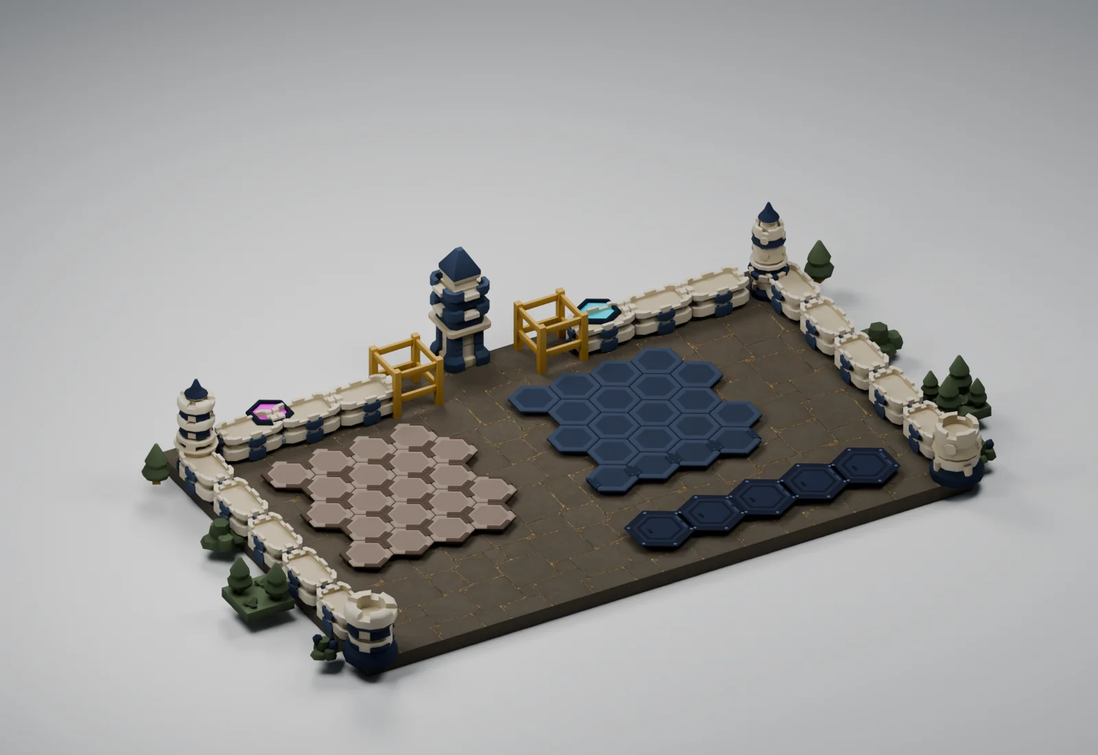 Gilded Court applied to the Critterfront battlefield models in a studio render