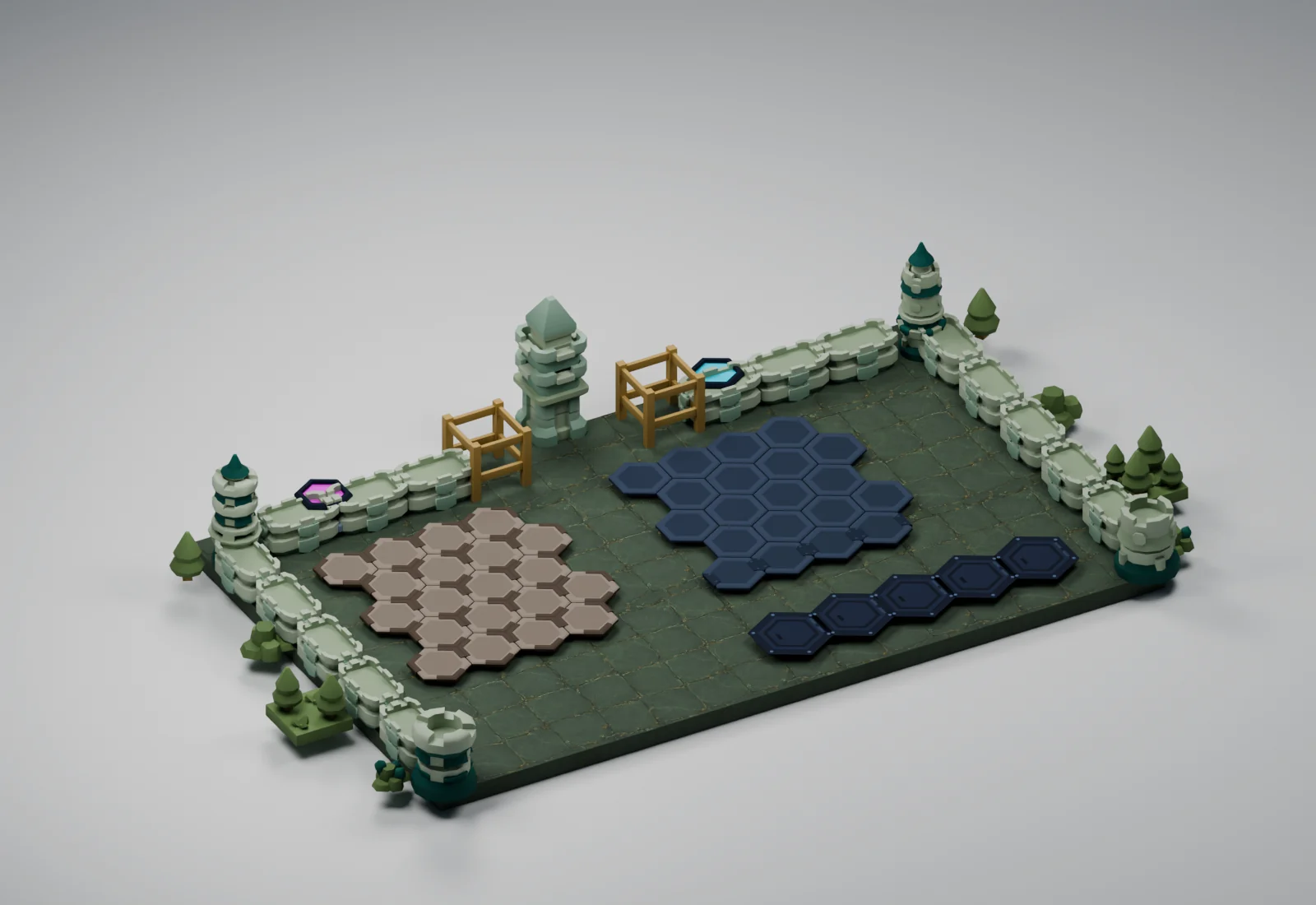 Jade Dynasty applied to the Critterfront battlefield models in a studio render