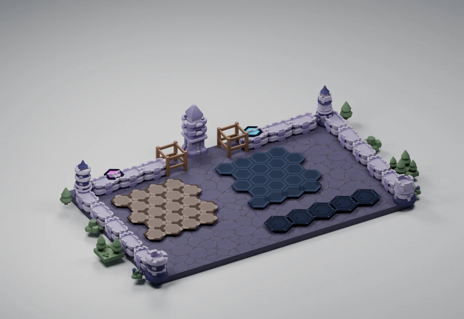 Moonpetal Garden applied to the Critterfront battlefield models in a studio render