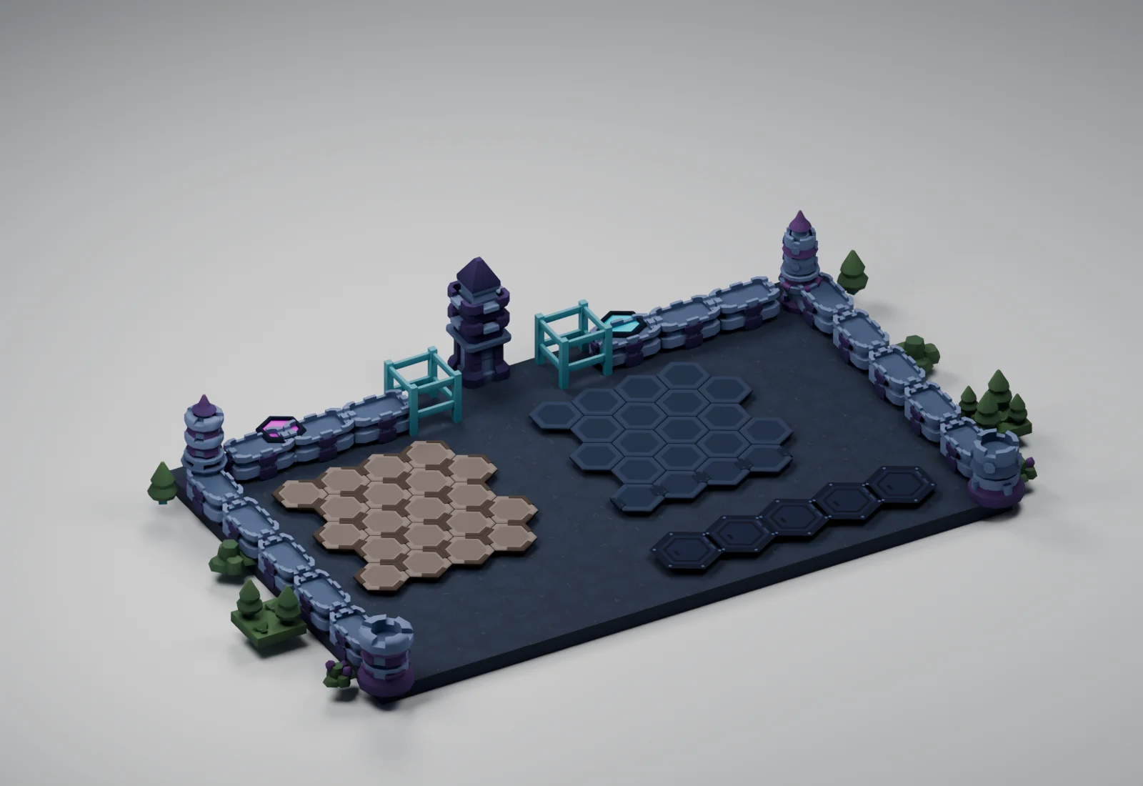 Neon Arcade applied to the Critterfront battlefield models in a studio render