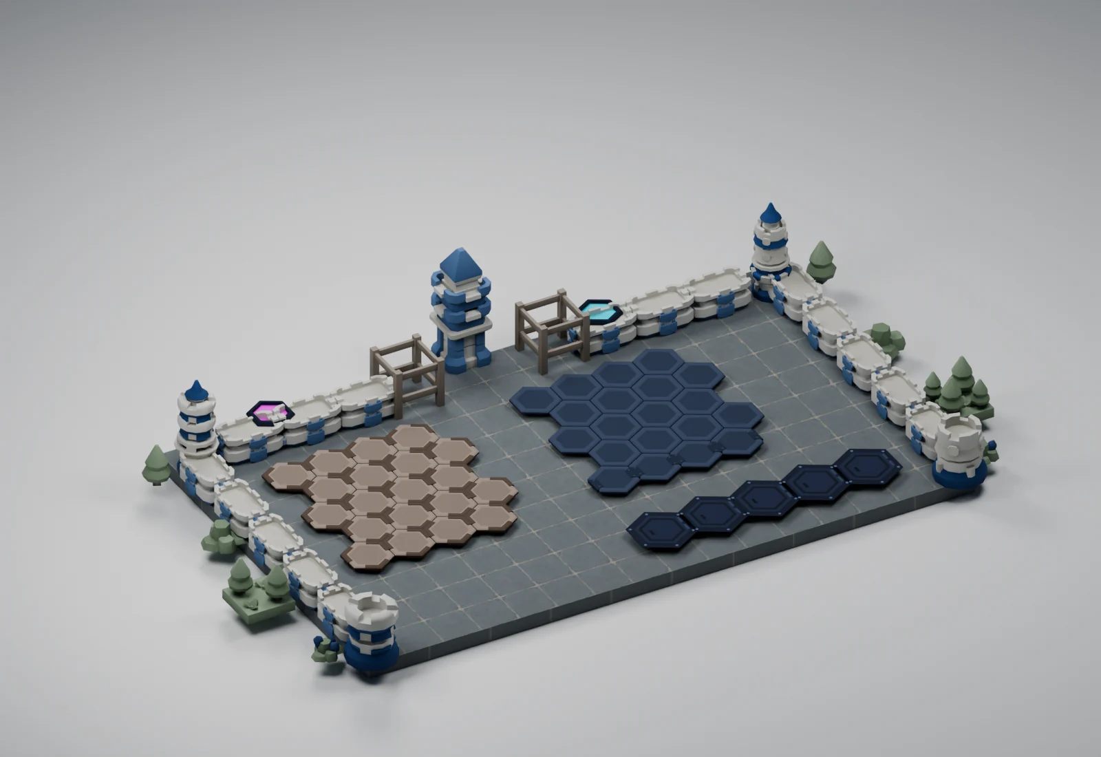 Porcelain Palace applied to the Critterfront battlefield models in a studio render
