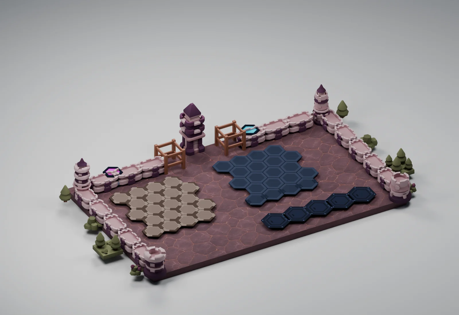 Rose Quartz Court applied to the Critterfront battlefield models in a studio render