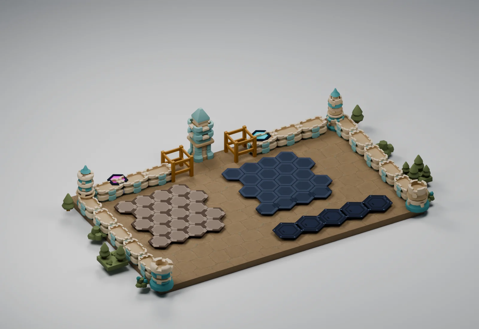 Sandglass Oasis applied to the Critterfront battlefield models in a studio render