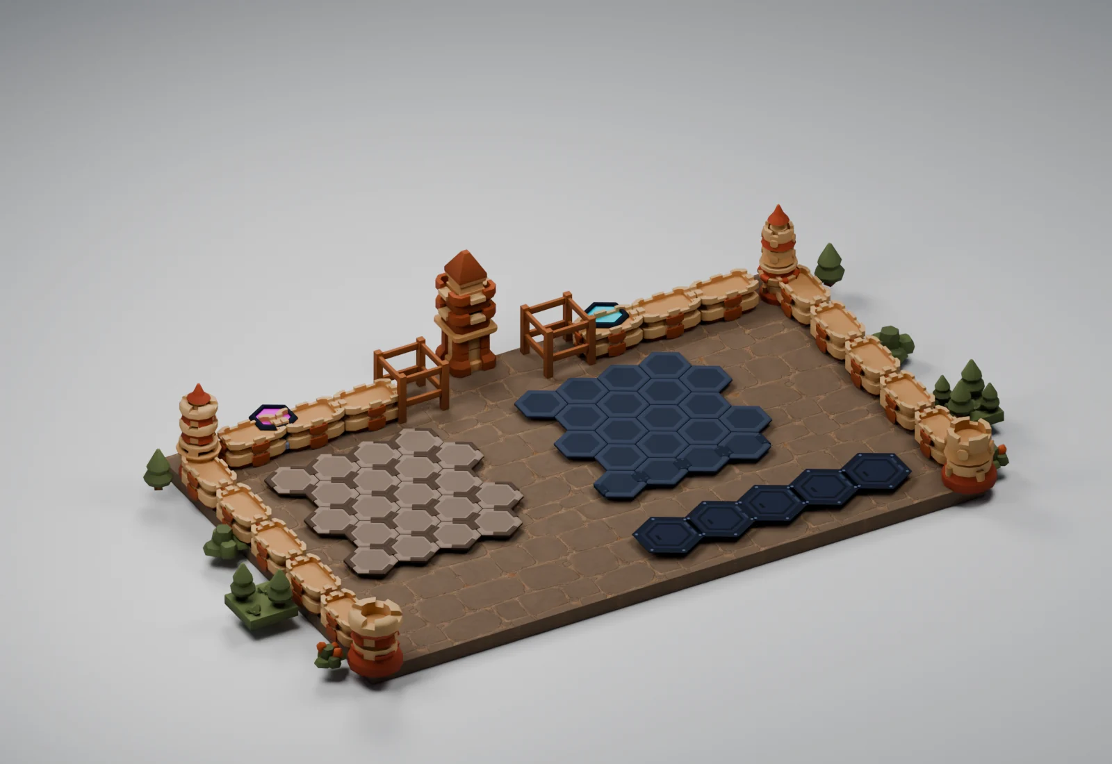 Sunscar Ruins applied to the Critterfront battlefield models in a studio render