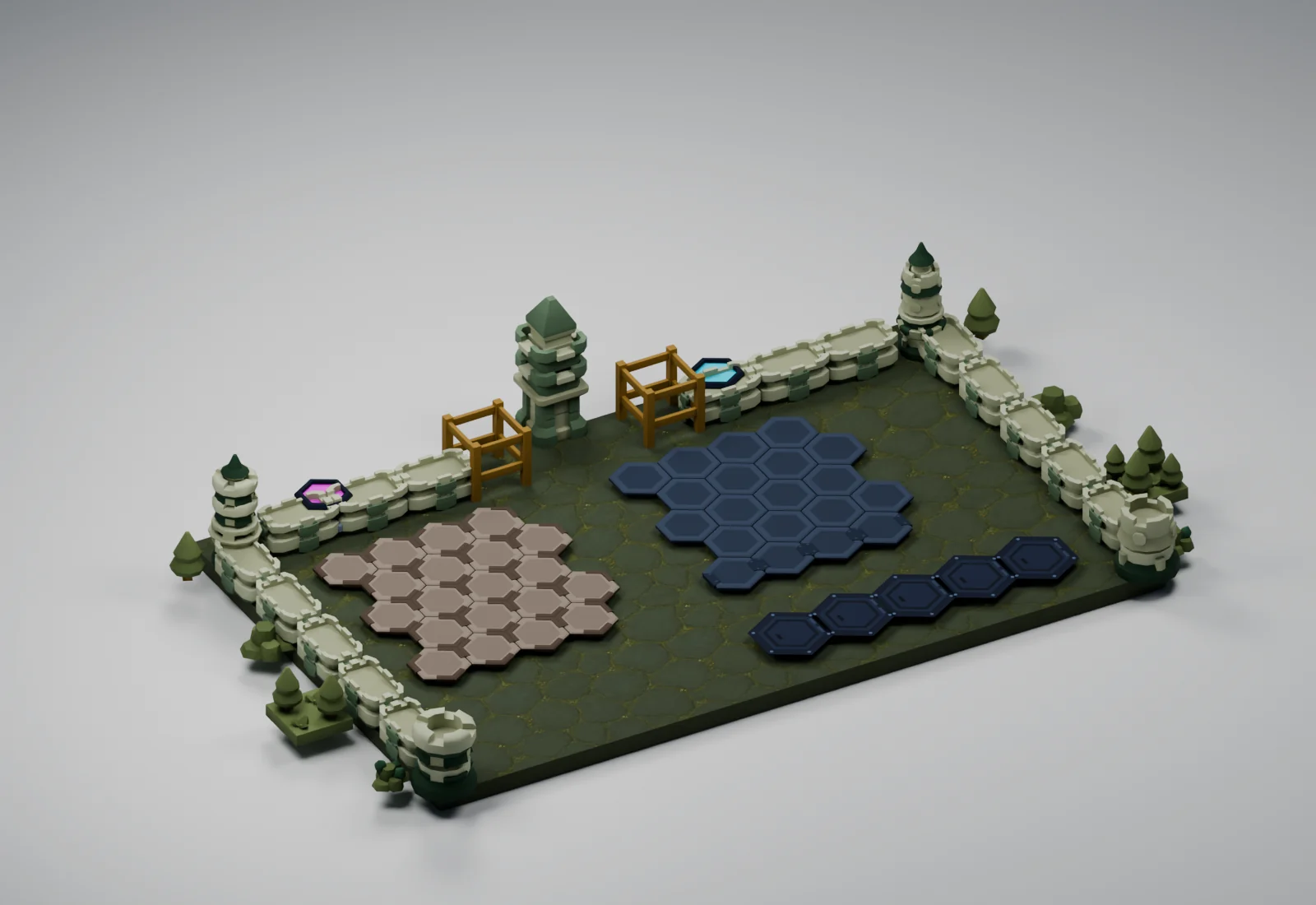 Verdant Keep applied to the Critterfront battlefield models in a studio render