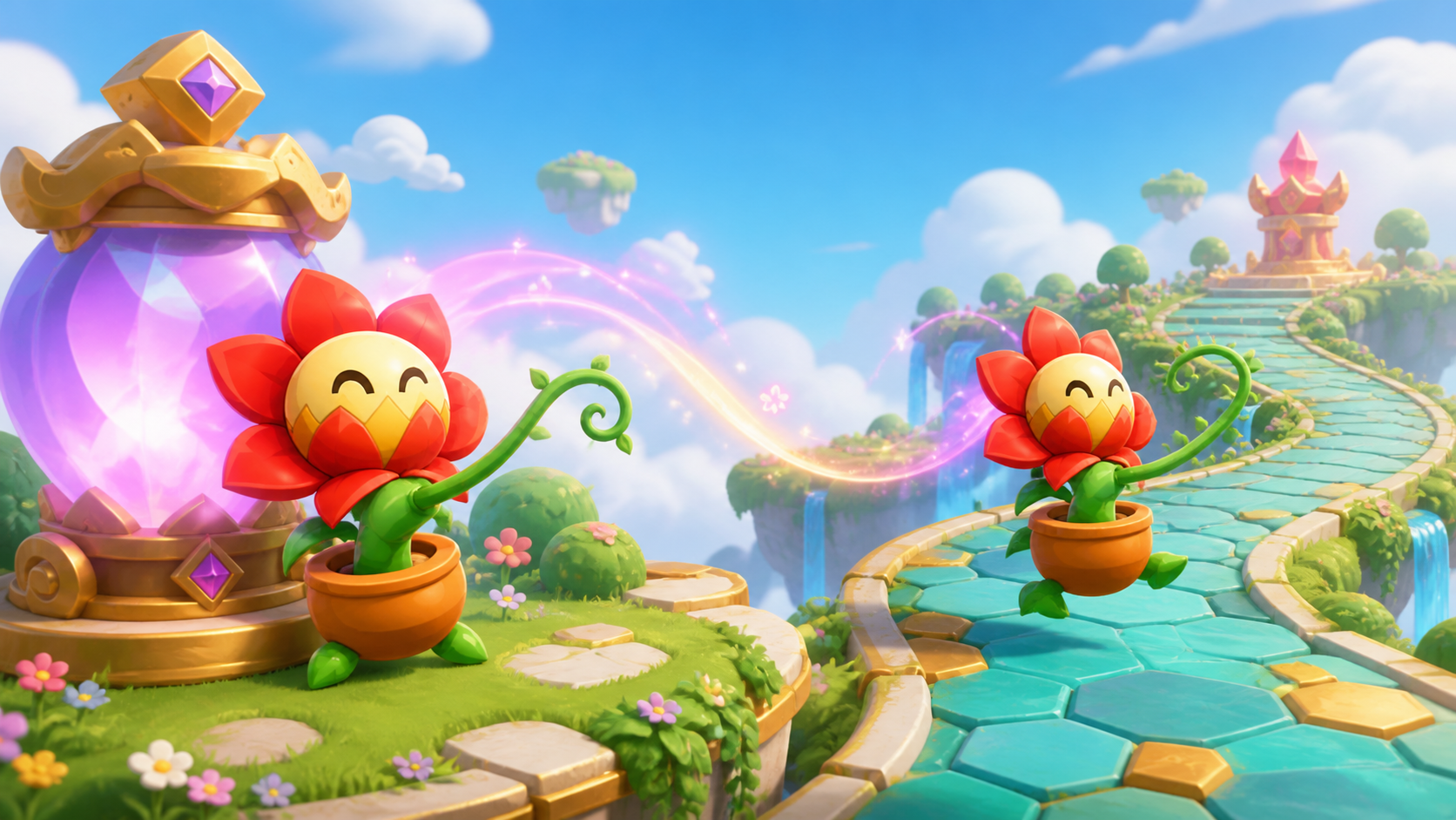 Cinematic concept showing the same flower creature defending a Nexus and marching toward a rival