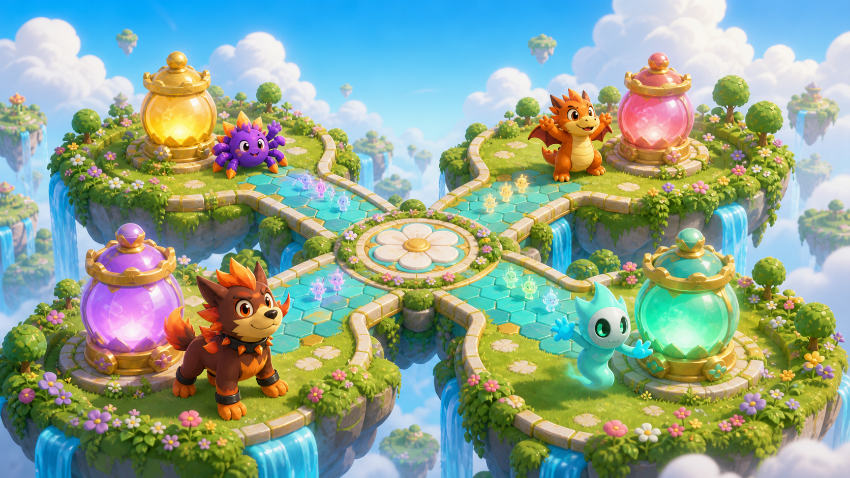 Cinematic concept: charming creatures protect four colorful Nexus gardens linked by floating hex paths